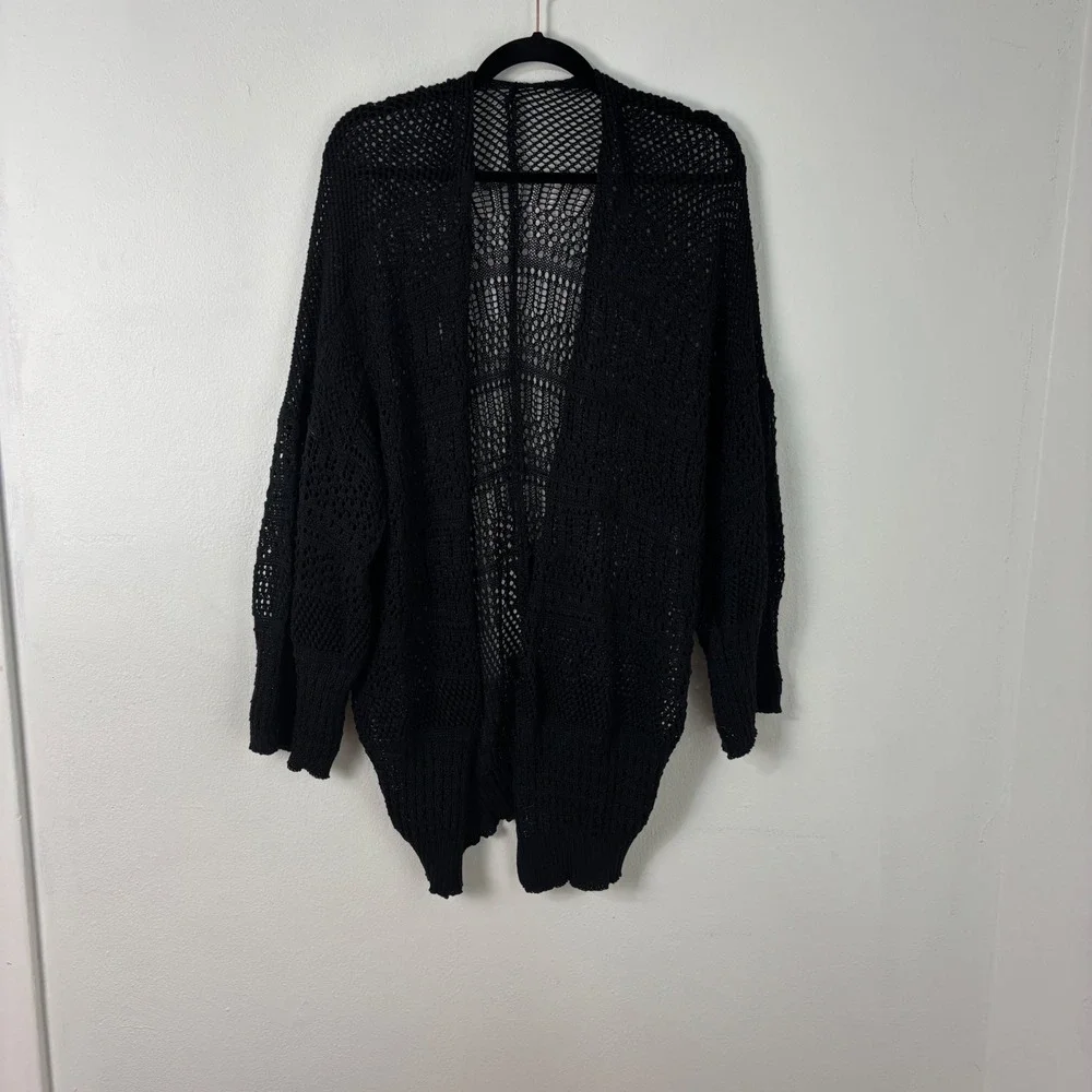 Black Open Knit Netted Cardigan Crochet Oversize Mesh Boho Whimsigoth Sweater OS